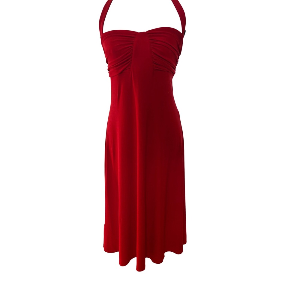 Dorothee Bis Red Halter Midi Dress Womens Medium Ruched Bust Empire Waist Party